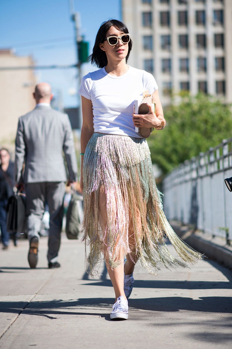 white t shirt and skirt